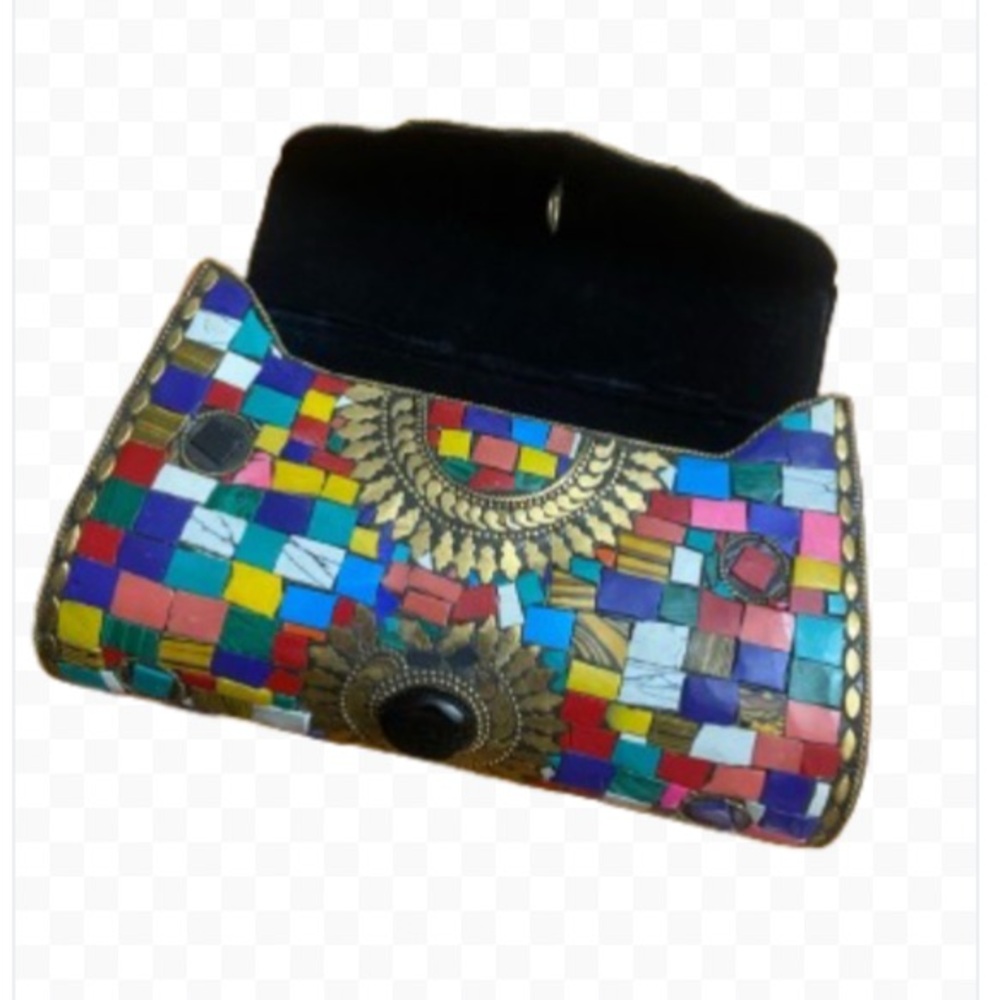 Clutch Crossbody Handcrafted Mosaic Stone Tiles Bag Chain Ornate Metal ANTIQUE